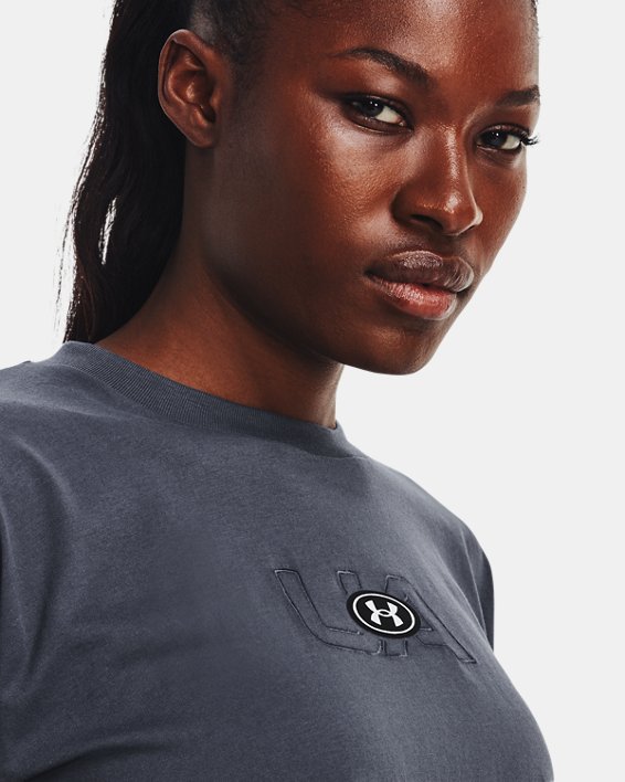 Women's UA Branded Logo Crop Short Sleeve, Gray, pdpMainDesktop image number 3